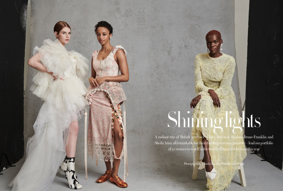 Elegant British actresses in haute couture dresses, fashion photography by Pamela Hanson, showcasing glamorous styling and contemporary fashion.