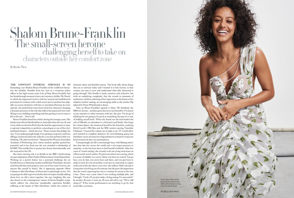 Shalom Brune-Franklin portrait in floral dress, contemporary fashion photography, professional studio shot, bright lighting, confident expression, modern female model, creative fashion photography, magazine editorial style, high-quality image.