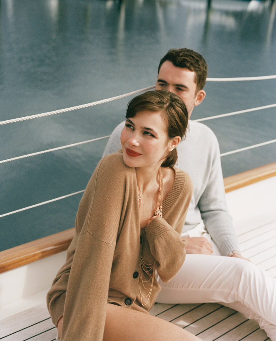 Luxury lifestyle photo of a stylish woman and man on a yacht, fashion and elegance, maritime outdoor portrait, sophisticated couple enjoying boating elegance and fashion, nautical lifestyle, Pamela Hanson Photography.